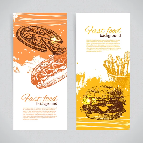 Banners of fast food design. Hand drawn illustrations. Splash bl