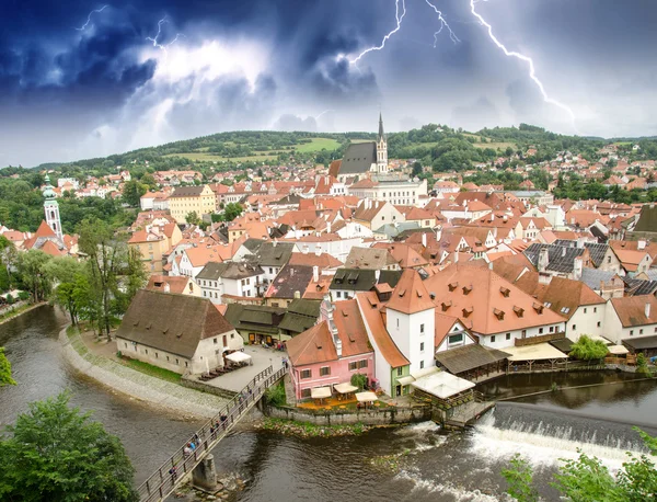 Storm above Cesky Krumlov medieval town in Czech Republic