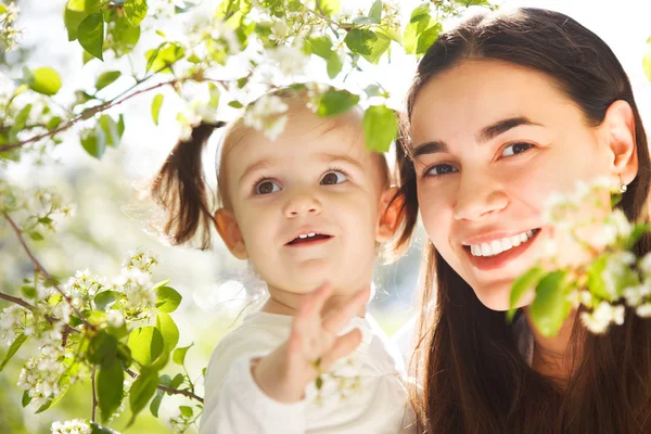 Happy mother and her little daughter in the spring