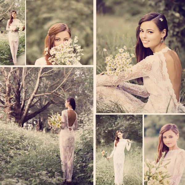 Collage with beautiful bride outdoor
