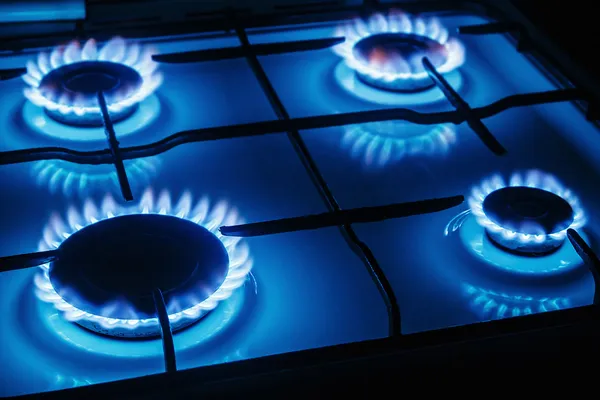 Blue flames of gas burning from a kitchen gas stove