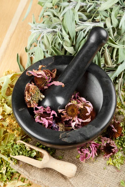 Healing herbs on wooden table, mortar and pestle, herbal medicin