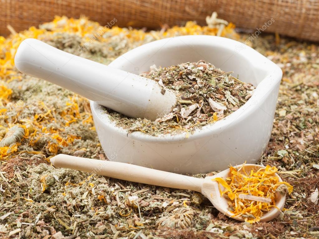 Mortar, pestle and healing herbs, herbal medicine — Stock Photo
