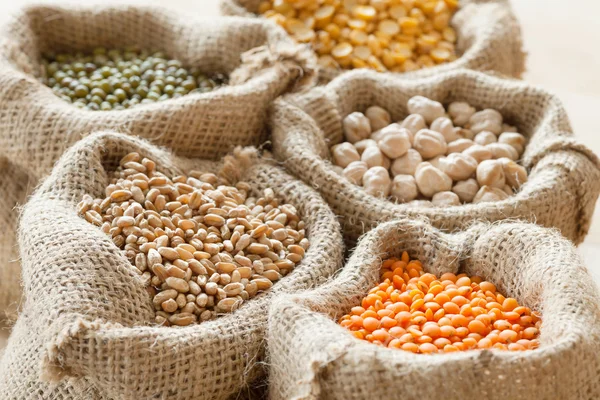 Bags with wheat, chick peas, red lentils and green mung