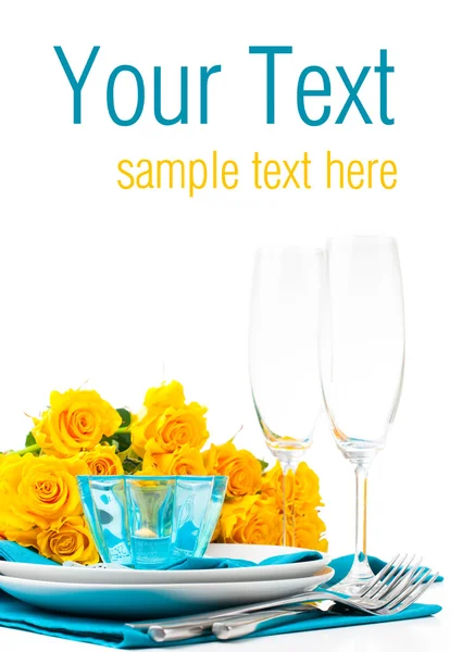 Table setting with yellow roses, ready template