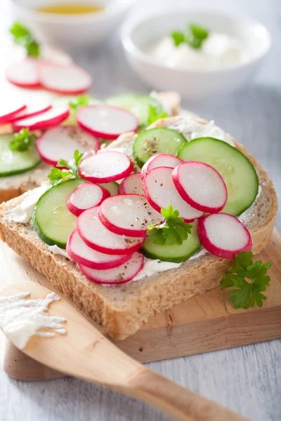 Healthy sandwich with radish cucumber and cream cheese