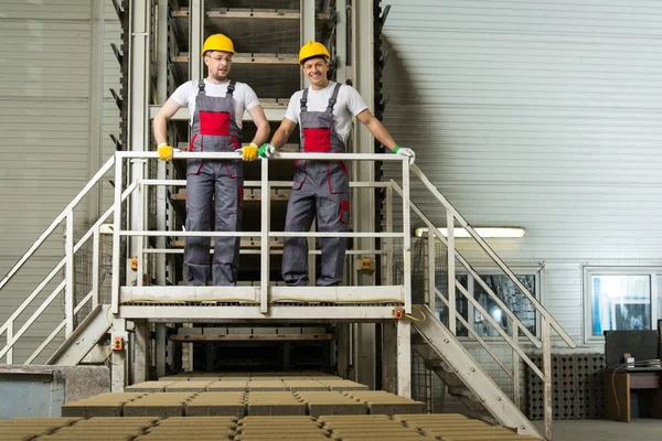 Two men in a safety hats on a factory