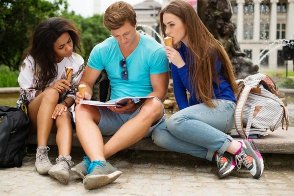 Group of multi ethnic students with ice-cream near fountain in a city park