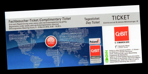 HANNOVER, GERMANY - MARCH 5-9, 2013:The day complimentary ticket for CEBIT computer expo, Hannover, Germany. CeBIT is the world\'s largest computer expo.
