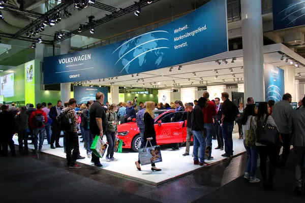 HANNOVER, GERMANY - MARCH 13: The Stand of Volkswagen on March 13, 2014 at CEBIT computer expo, Hannover, Germany. CeBIT is the world\'s largest computer expo