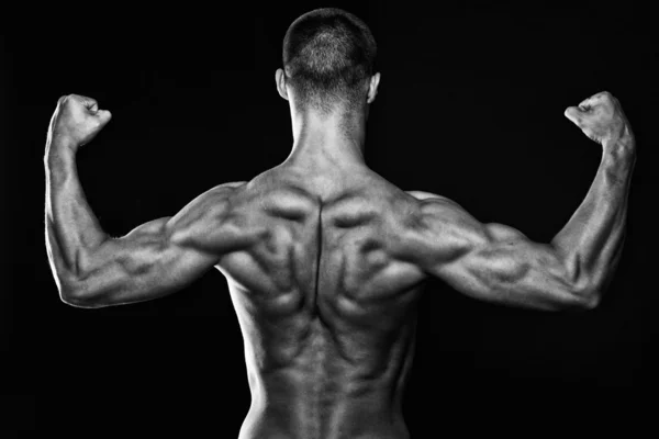 Muscular male persons back on black background