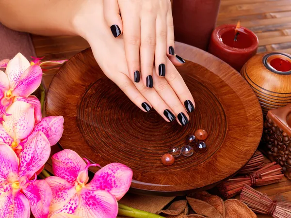 Beautiful women hands with black manicure
