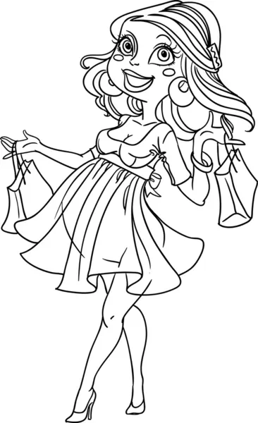 Pretty pregnant shopping woman in black outline for coloring