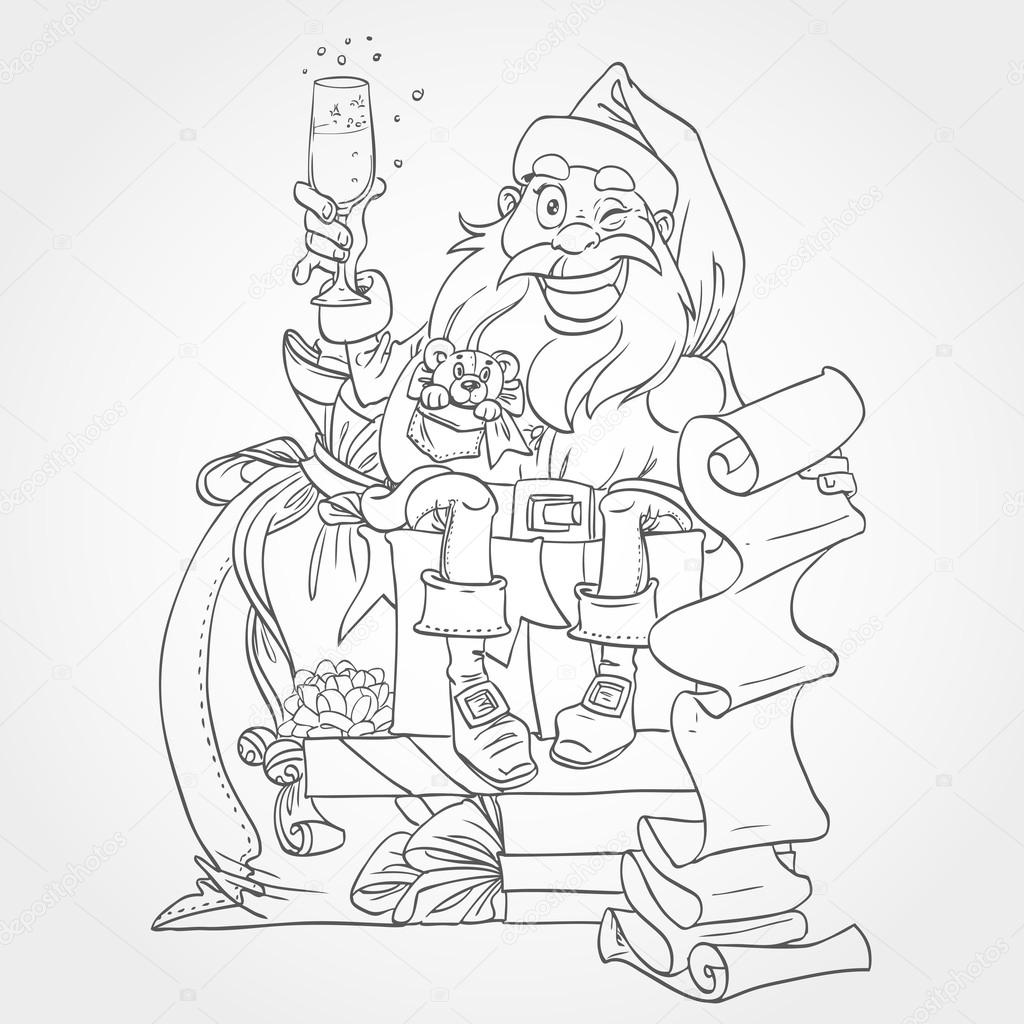 Cute Santa Claus black and white outline for coloring — Stock Vector