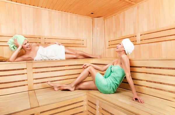 Two young woman relaxing in sauna