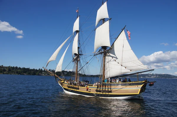 The wooden brig, Lady Washington, sails on Lake Washington