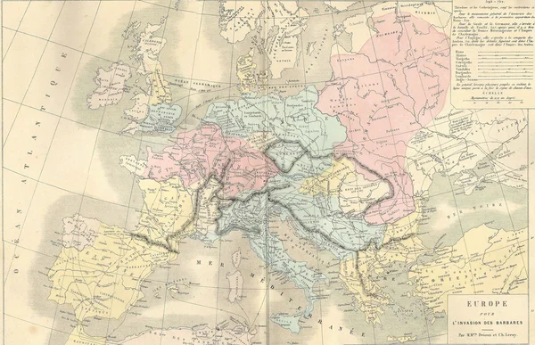 Antique map of Europe during the Barbarian Invasions,