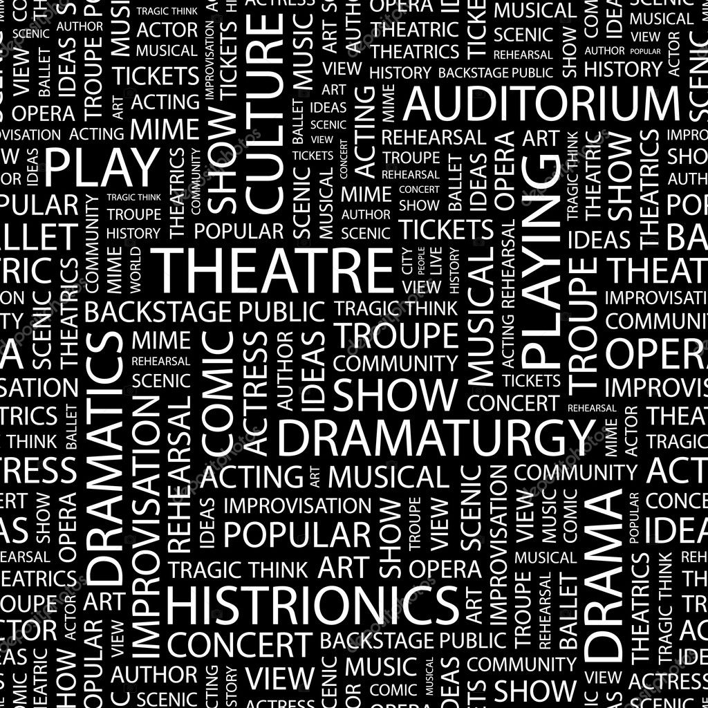 THEATRE. Word collage on black background. Illustration with different