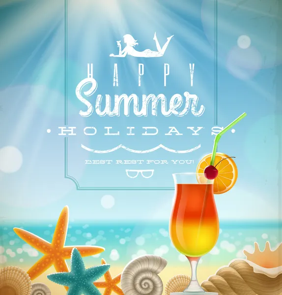 Summer holidays illustration with greeting lettering and tropical resort symbols on a sunny beach