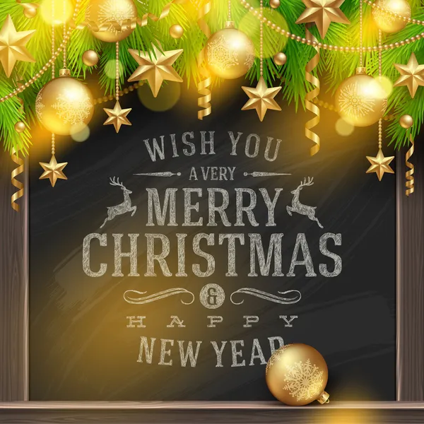 Christmas vector illustration - holidays greetings on a chalkboard and Christmas tree branches with golden decoration and baubles