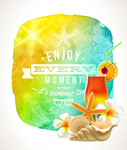 Summer time greeting with summer things against a watercolor background banner - vector illustration