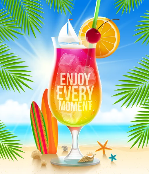 Huge glass with exotic cocktail and summer greeting on the tropical beach - vector illustration