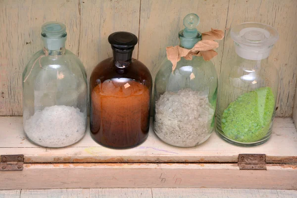 Chemical bottles in a row