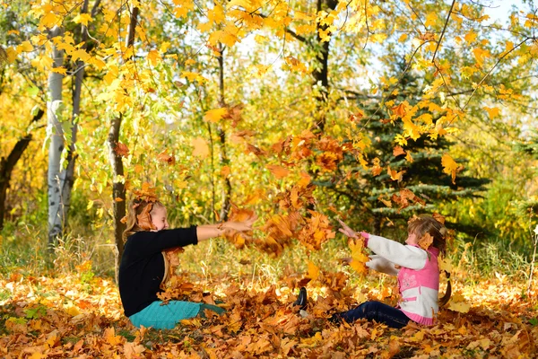 Children play yellowing of autumn leaves