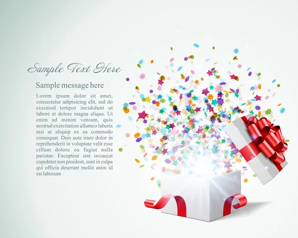 Open gift with fireworks from confetti vector background. Eps 10