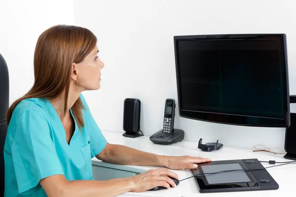Female Dentist Using Computer