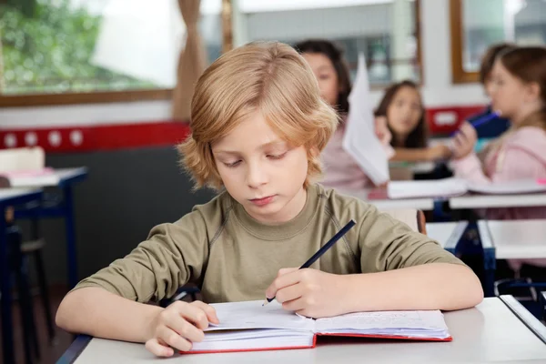 Schoolboy Writing In Book At Desk