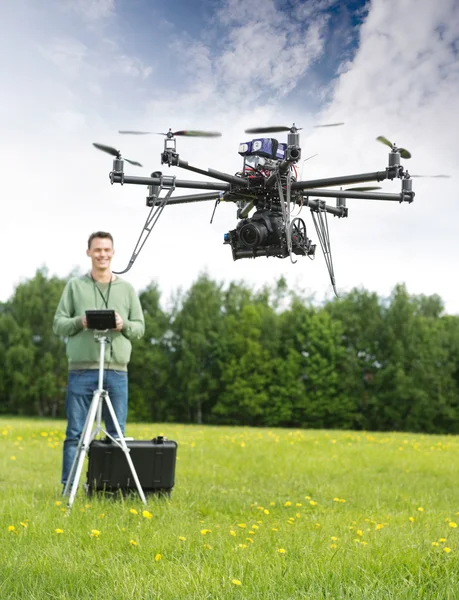 Man Flying UAV Helicopter in Park