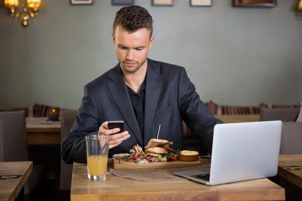 Businessman Messaging On Cellphone While Having Sandwich