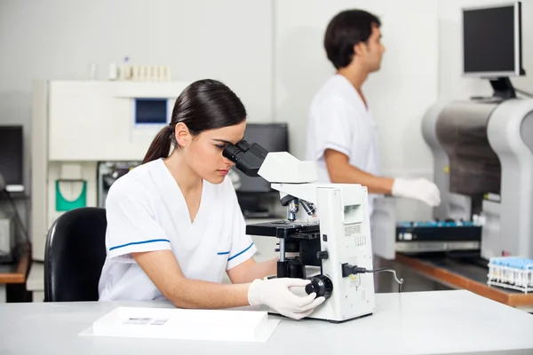 Female Scientist Using Microscope In Lab