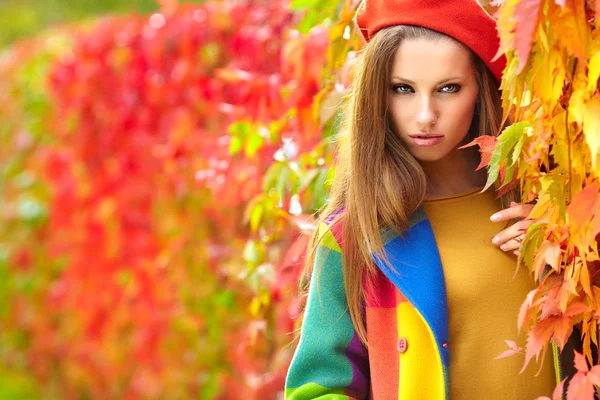 Beautiful elegant woman standing in a park in autumn