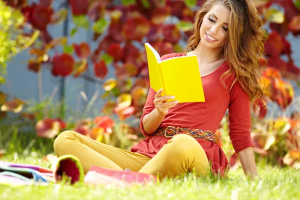 Brunette girl reading a book in the park