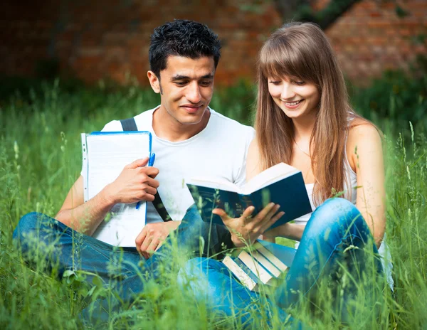 Two students studying in park on grass with book outdoors
