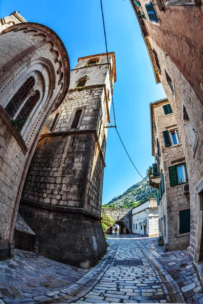 Fish-eye view of the old city on sky background