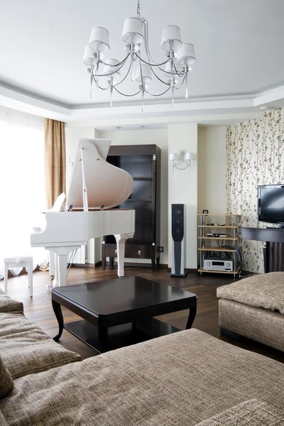 Interior of living room with white piano