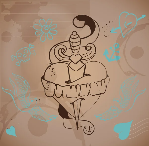 用鲜花和匕首的 old school 风格纹身心 - 图库矢