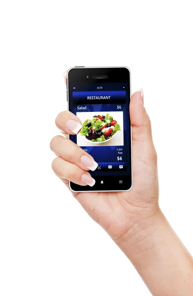 Mobile phone with takeaway restaurant order screen isolated over — Stock Photo #33424185