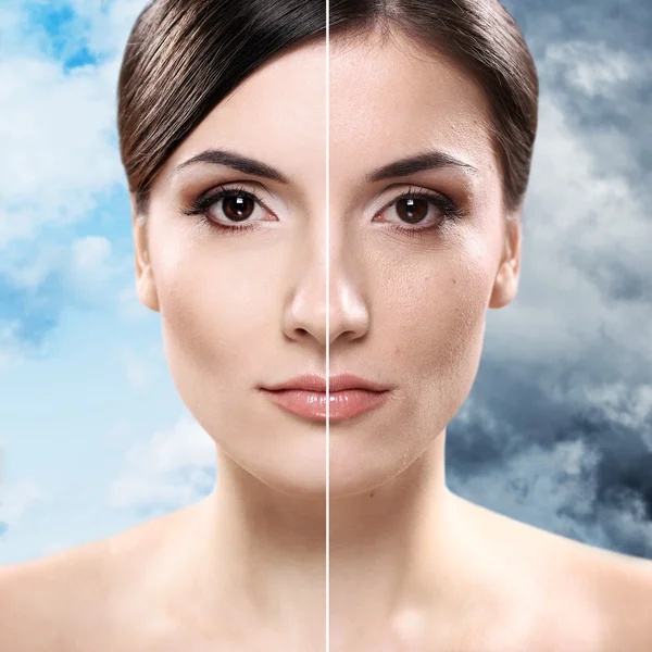 Face of woman before and after retouch