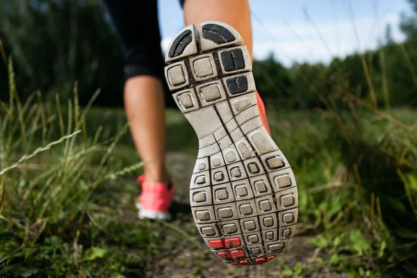 Woman and running shoes in forest, exercising in nature