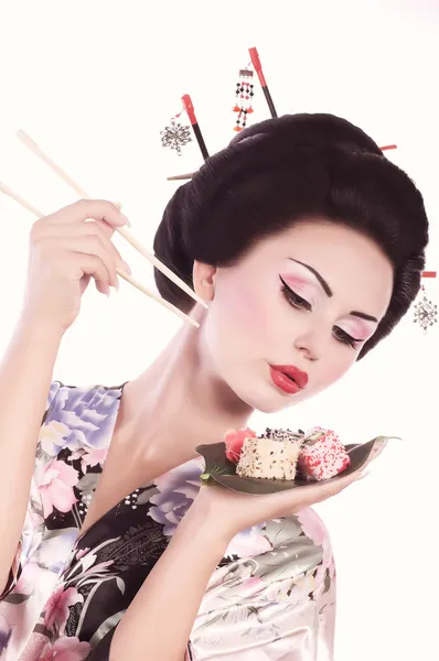 Japanese woman with sushi