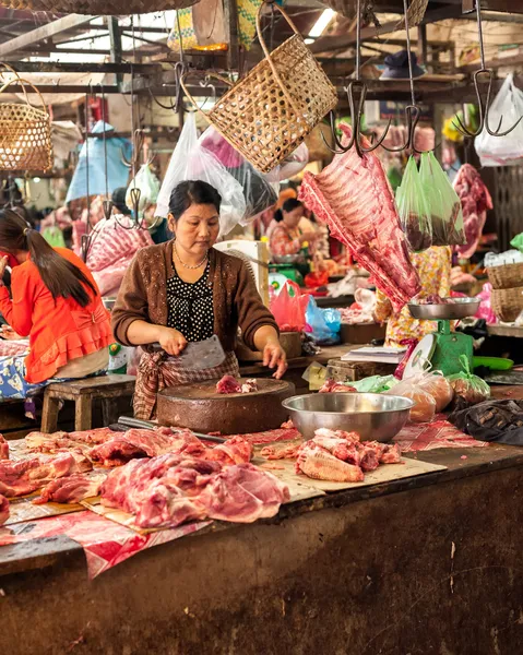Khmer woman selling meat at traditional food marketplace in Siem Reap, Cambodia
