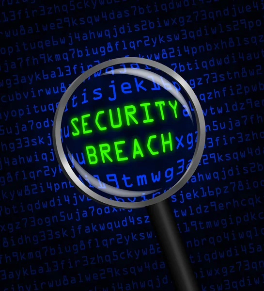 SECURITY BREACH in green revealed in blue computer code through