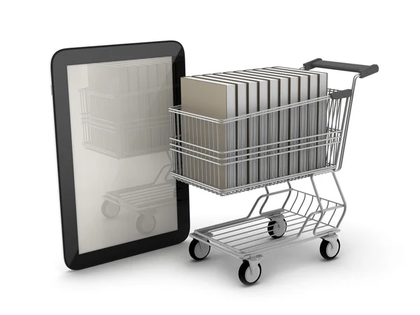 Tablet computer and book in shopping cart