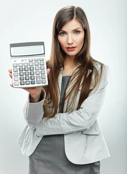 Woman holds calculator