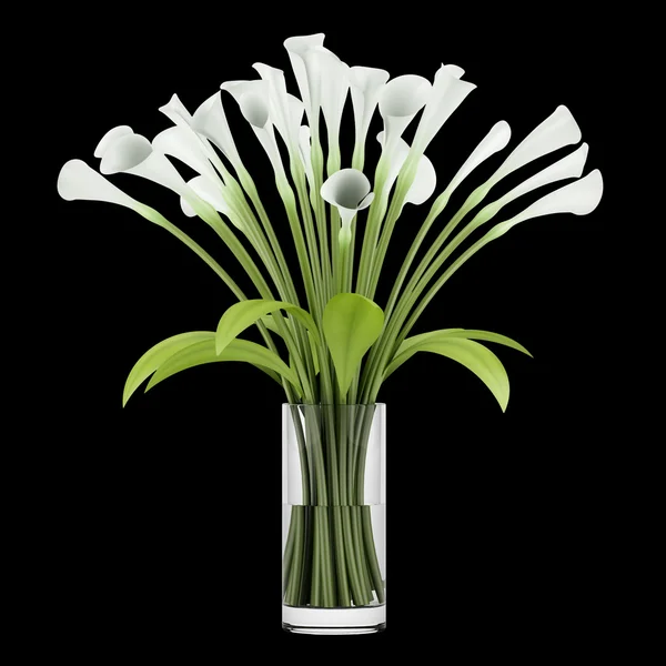 Bouquet of lilies in glass vase isolated on black background