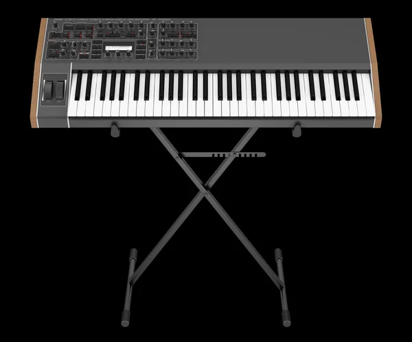 Black synthesizer on stand isolated on black background